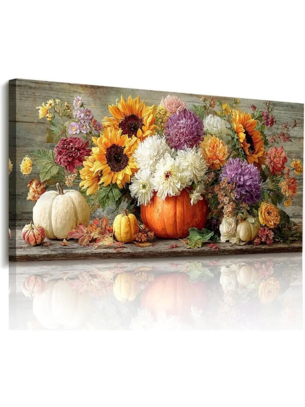 Large Rustic Autumn Wall Art - Fall Pumpkin & Sunflower Home Decor